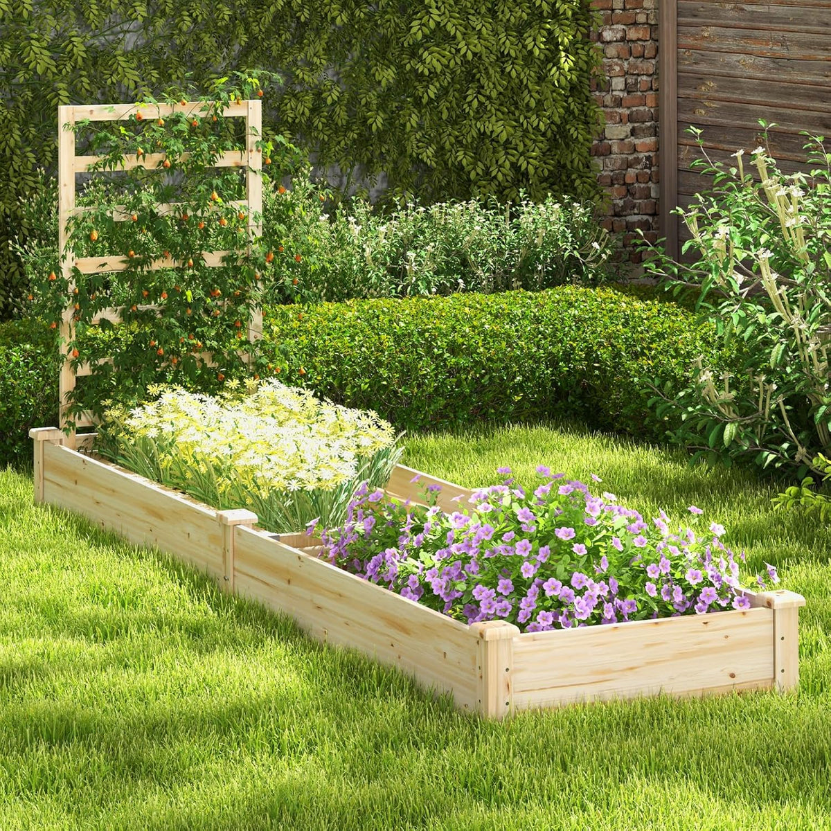 HAPPYGRILL Raised Garden Bed with Trellis, Wooden Garden Box with Divided Space for Vegetables, Flowers, Fruits, Climbing Plants, Outdoor Elevated Planter Box for Yard Patio, 93”L x 25”W x 40”H