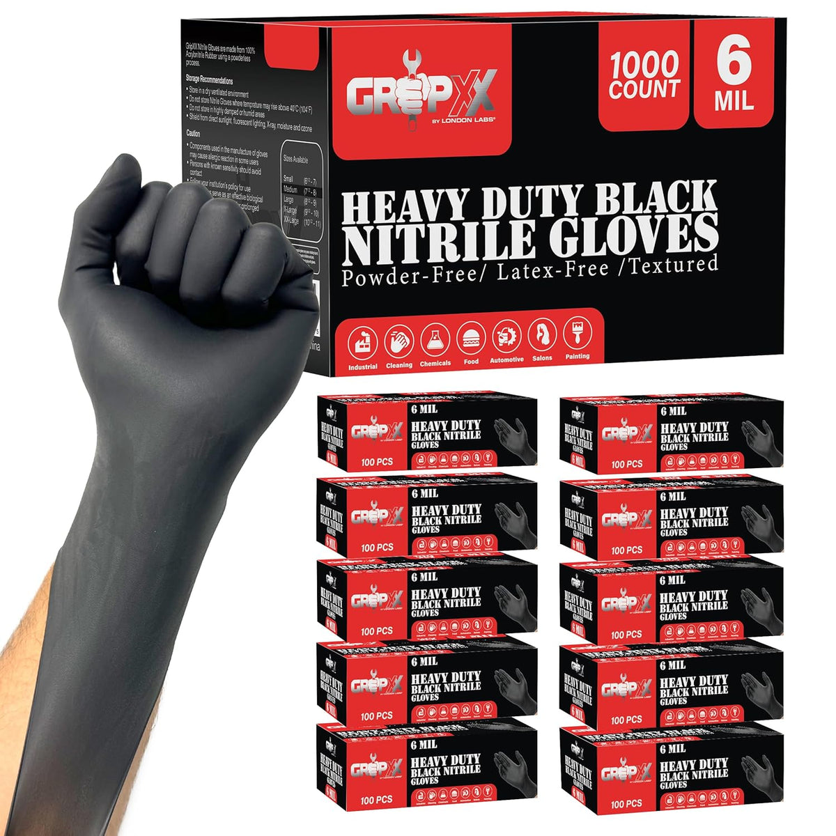 Heavy Duty 6 Mil Black Nitrile Gloves - Disposable, Latex & Powder Free | Mechanic, Food Prep & Tattoo | Rubber Gloves for Cooking, Cleaning & Household |Bulk Case of (1000)