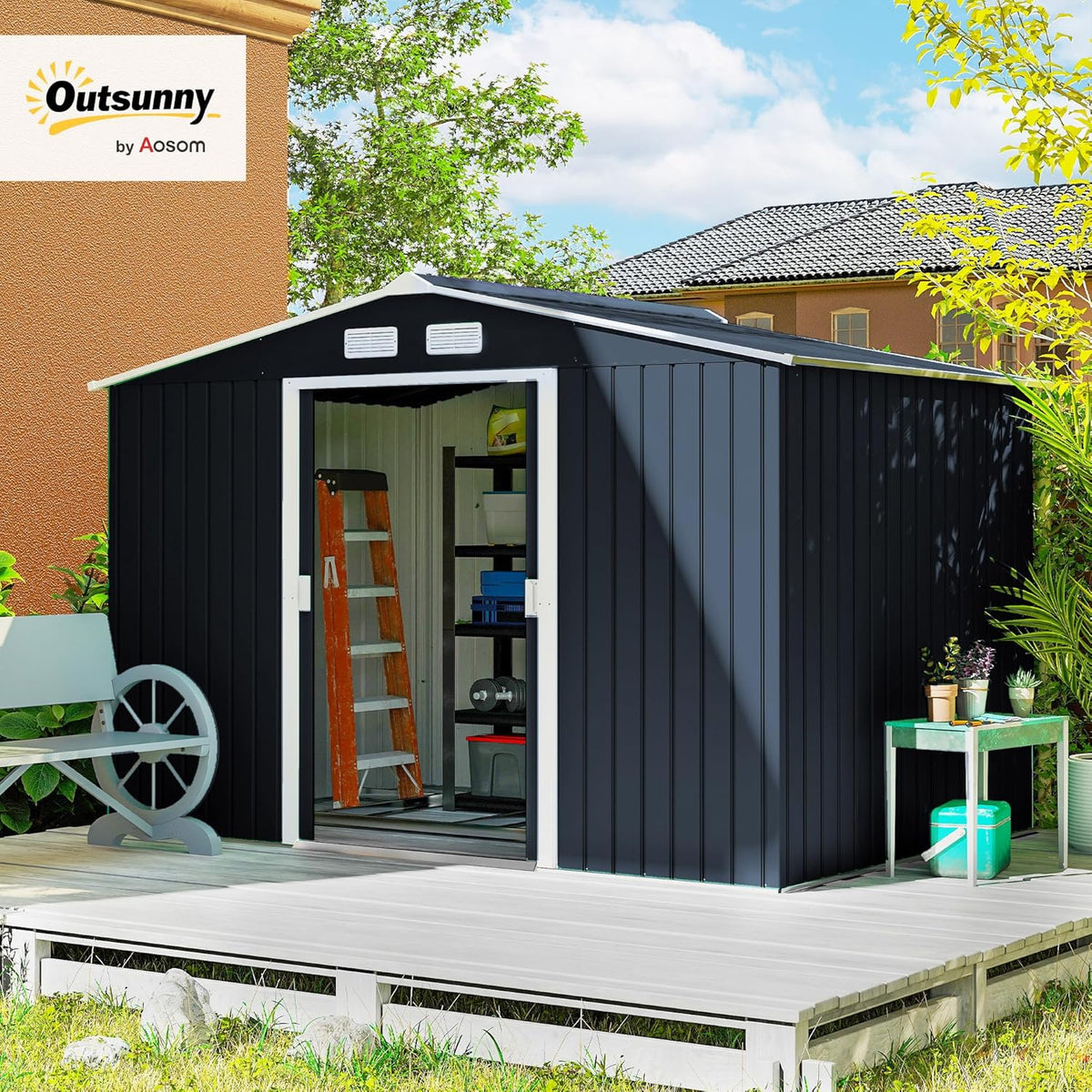Outsunny 9' x 6' Outdoor Storage Shed, Garden Tool Metal Shed with Foundation Kit, Double Lockable Door, Air Vents and Sloping Roof, for Backyard, Patio, Lawn, Dark Gray