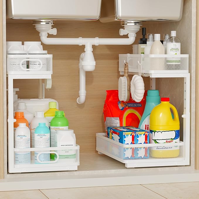 Under Sink Organizer 2 Pack, 2-Tier Slide Out Cabinet Organizer with Metal Sliding Drawer and Hooks, Pull Out Storage Baskets for Kitchen Bathroom Pantry Cabinet Organization (White)