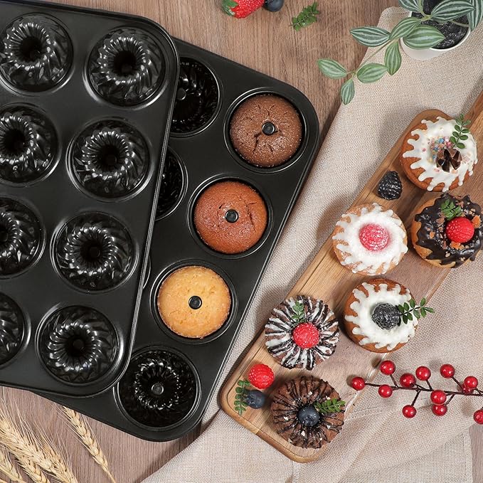 Webake 2 Pack Mini Fluted Tube Cake Pan, Non-Stick 2.8 Inch Cake Pans, Heavy Gauge Carbon Steel 12-Cavity