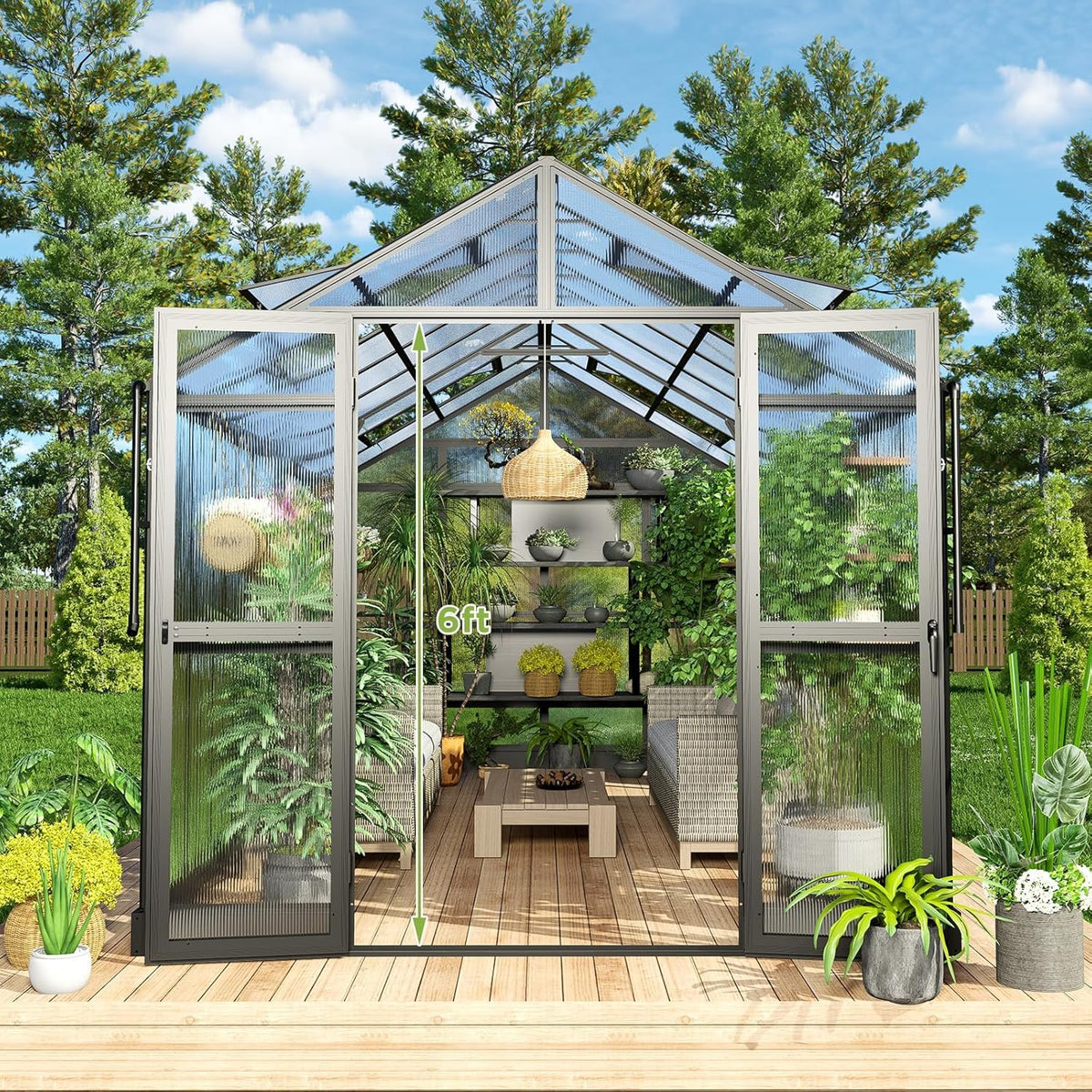 HOWE 8x16x7.5 FT Polycarbonate Greenhouse with Swing Doors, 4 Vents, 5.2FT Added Wall Height, Walk-in Large Aluminum Greenhouse for Outdoors, Black
