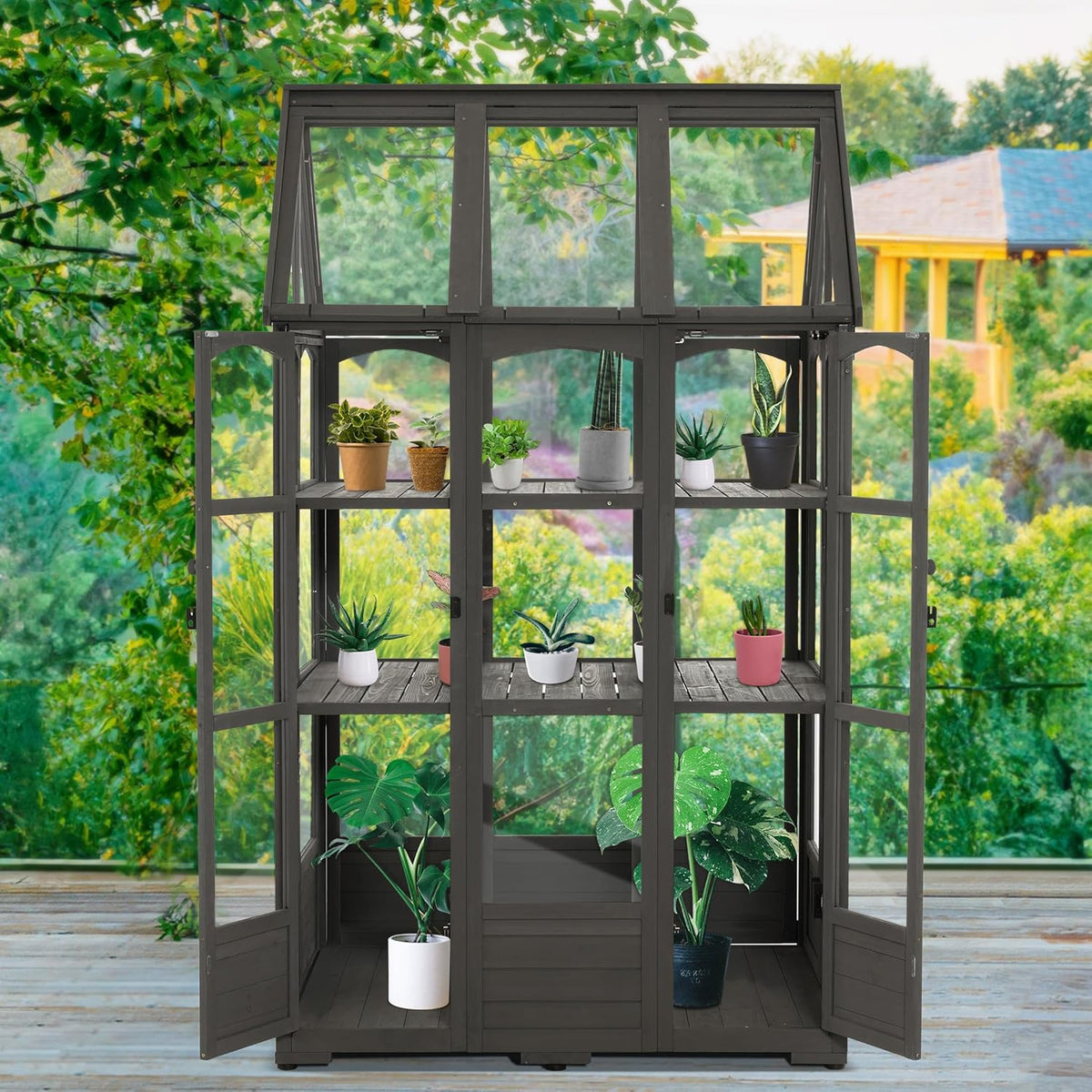 MCombo Wooden Greenhouse, Outdoor Greenhouse with Adjustable Roof Vent and 6 Lockable Door for Backyard/Outdoor Use, (48 x 38.8 x 83.9 Inches) 0851 (Dark Grey)