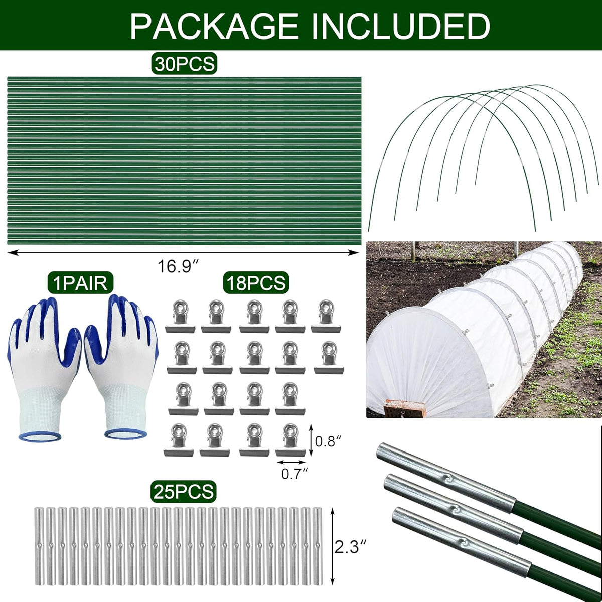 PHYEX Garden Hoops Greenhouse Hoops for Row Covers & Raised Beds, Rust-Free Fiberglass Frame, DIY Adjustable Garden Tunnel with Clips for Plant Covers, Netting, & Frost Protection, 30pcs