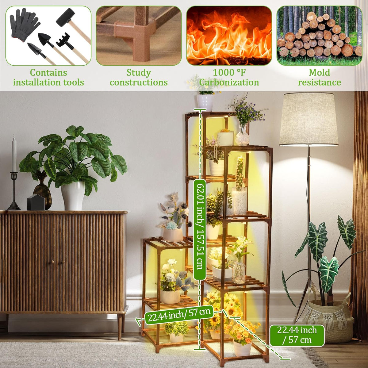 Dreyoo Plant Stand with Grow Lights, Wood Plant Shelf with Full Spectrum Grow Lamp for Indoor Corner, Vintage Multi Layer Lighted Stand for Living Room Balcony Display(12 Tiered Shape)