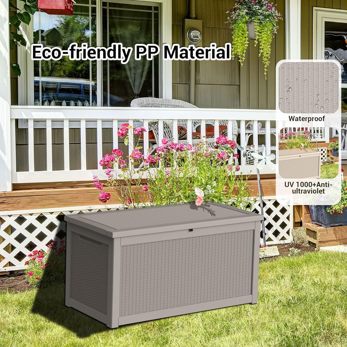 DRATO 260 Gallon Deck Box, Outdoor Large Waterproof Resin Storage Box with Lockable Lid for Patio Cushions, Gardening Tools, Sports Equipment, Light Brown