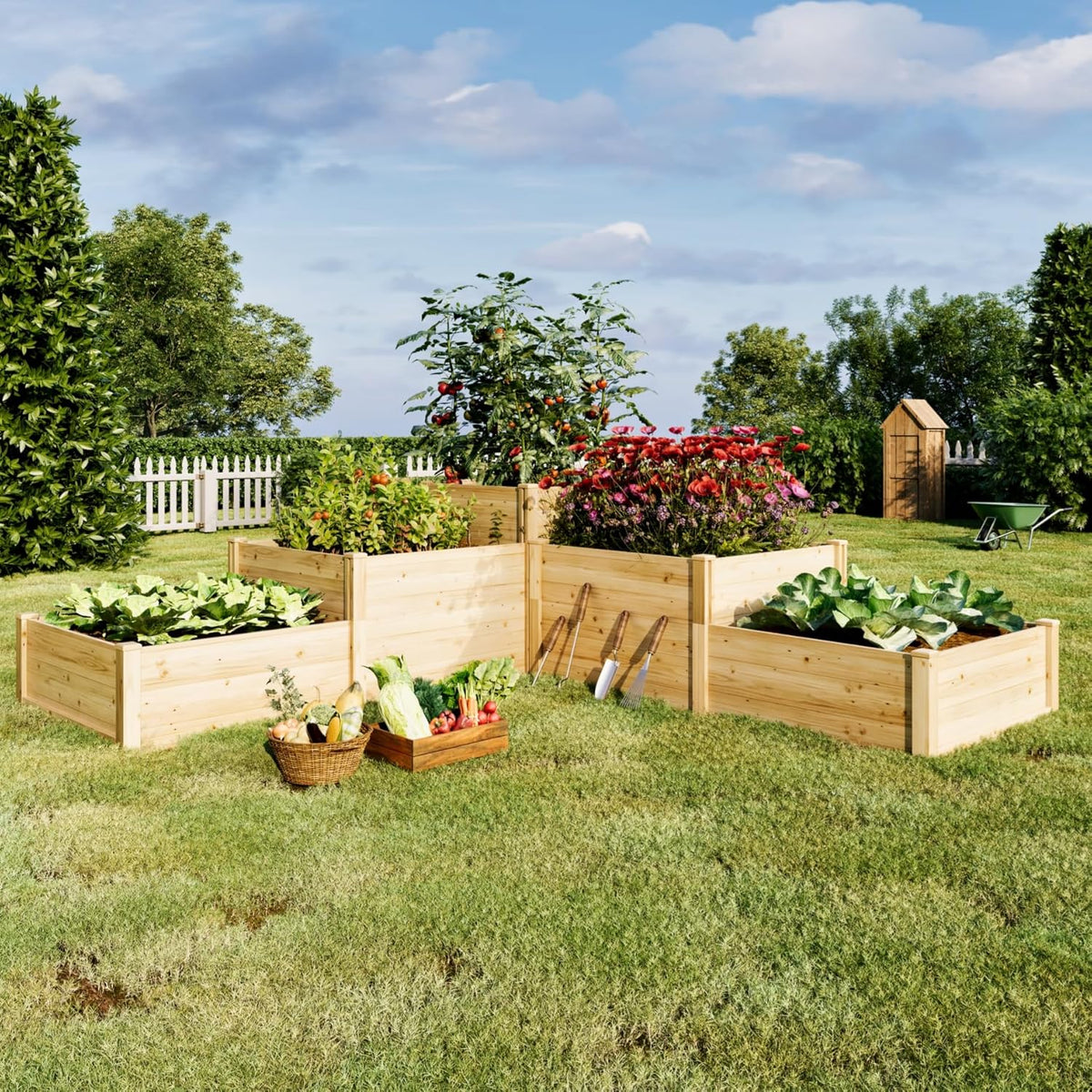 AMERLIFE 3-Tier Raised Garden Bed for Outdoor Gardening, Fir Wood Planter Box with Dividers, Tool-Free Assembly, Garden Box Perfect for Vegetables, Herbs, and Flowers