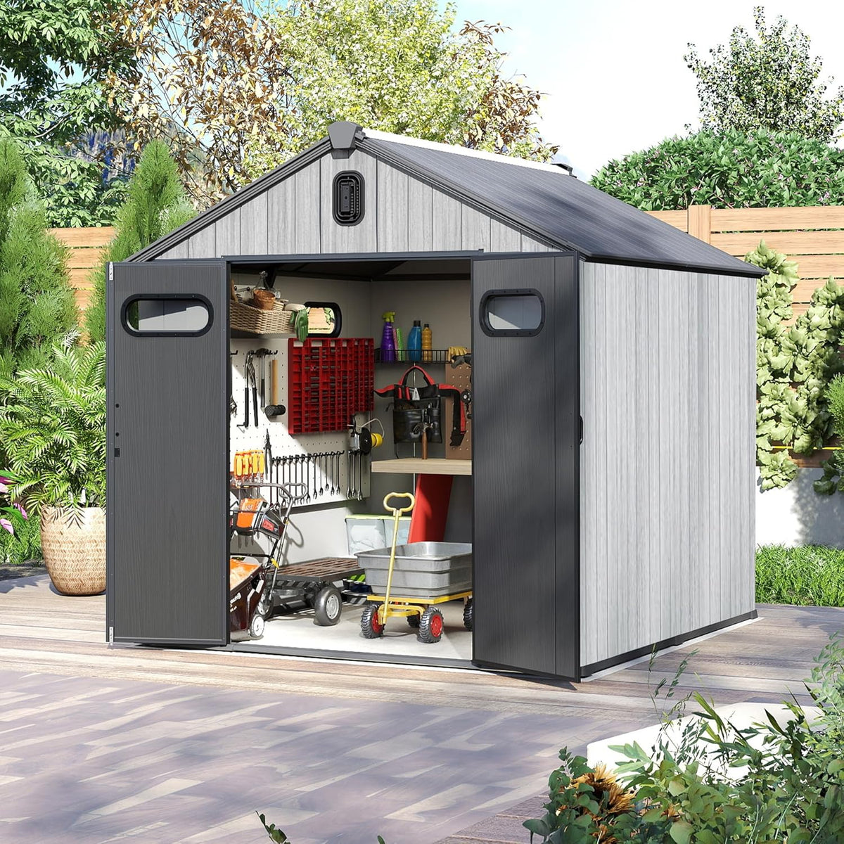 Domi 8x8FT Outdoor Resin Storage Shed with Transparent Windows & Louvered Vents, Plastic Tool Shed with Double Lockable Doors & Gable Roof, Outside Garden Shed for Backyard, Patio, Lawn, Grey