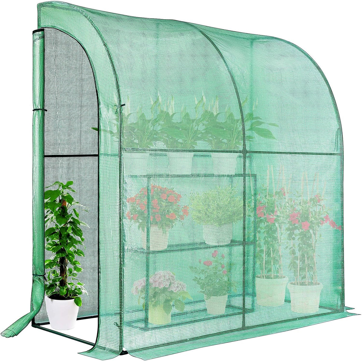 VIVOSUN Lean-to Greenhouse, 6.6’ x 3.3’ x 6.9’ Portable Wall House with Green PE Cover and Shelf for Compact Garden 79x39x83-Inch