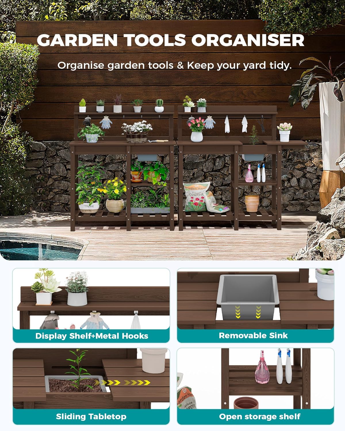 SERWALL Potting Bench Set of 2 Outdoor Potting Table with Sink, HDPE Potting Benches for Outside Gardening Table All Weather Use- Coffee
