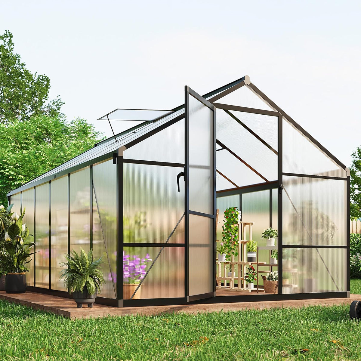 8×12 FT Greenhouse, Large Walk in Greenhouses for Outdoors and Garden Planting, Polycarbonate Greenhouse with Enhanced Aluminum Frame, Green Houses with Quick Setup Structure and Roof Vent, Black