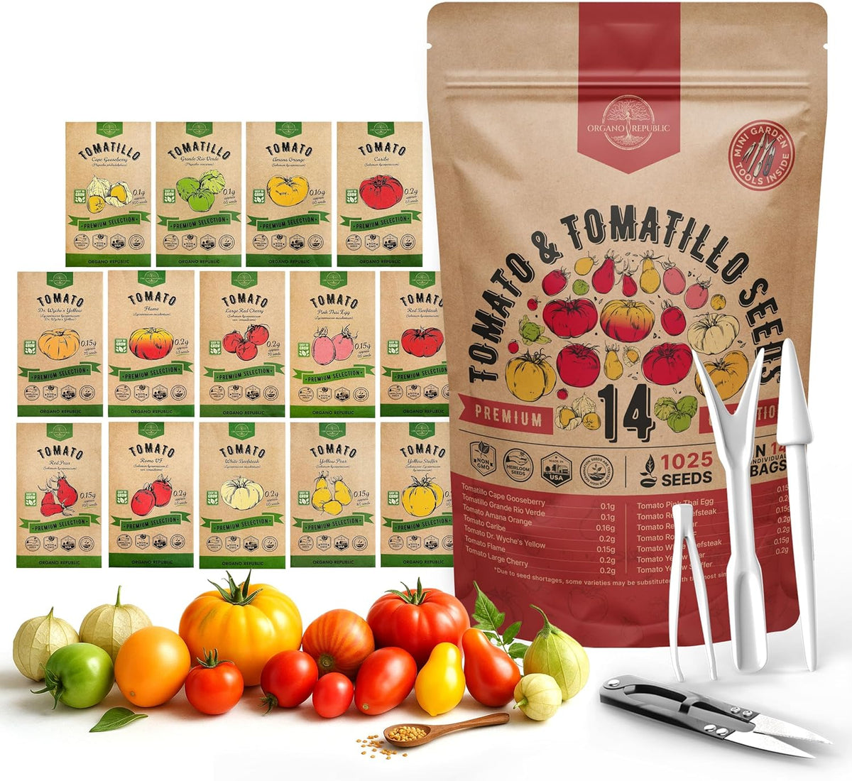 Organo Republic 14 Rare Tomato & Tomatillo Garden Seeds Variety Pack - 1,020+ Non-GMO Heirloom Tomato & Tomatillo Seeds for Outdoors & Indoor Home Gardening