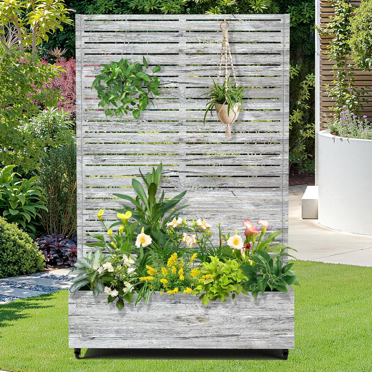 FENCY Metal Raised Garden Bed with Wheels and Trellis,73"x47"x16" Planter Box for Climbing Plants, Vegetables & Vines, Features Privacy Screen and Drainage Holes (White Wood Color)