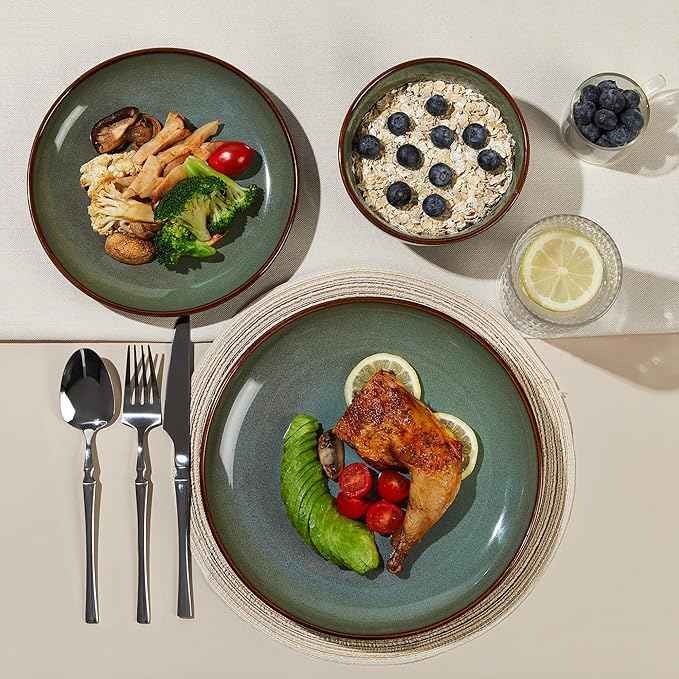 Stoneware Dinnerware Sets Service for 12, 36 pcs Reactive Glaze Plates and Bowls Sets, Handmade Ceramic Dish Set, Highly Chip and Crack Resistant Modern Plate Set, Brown Green