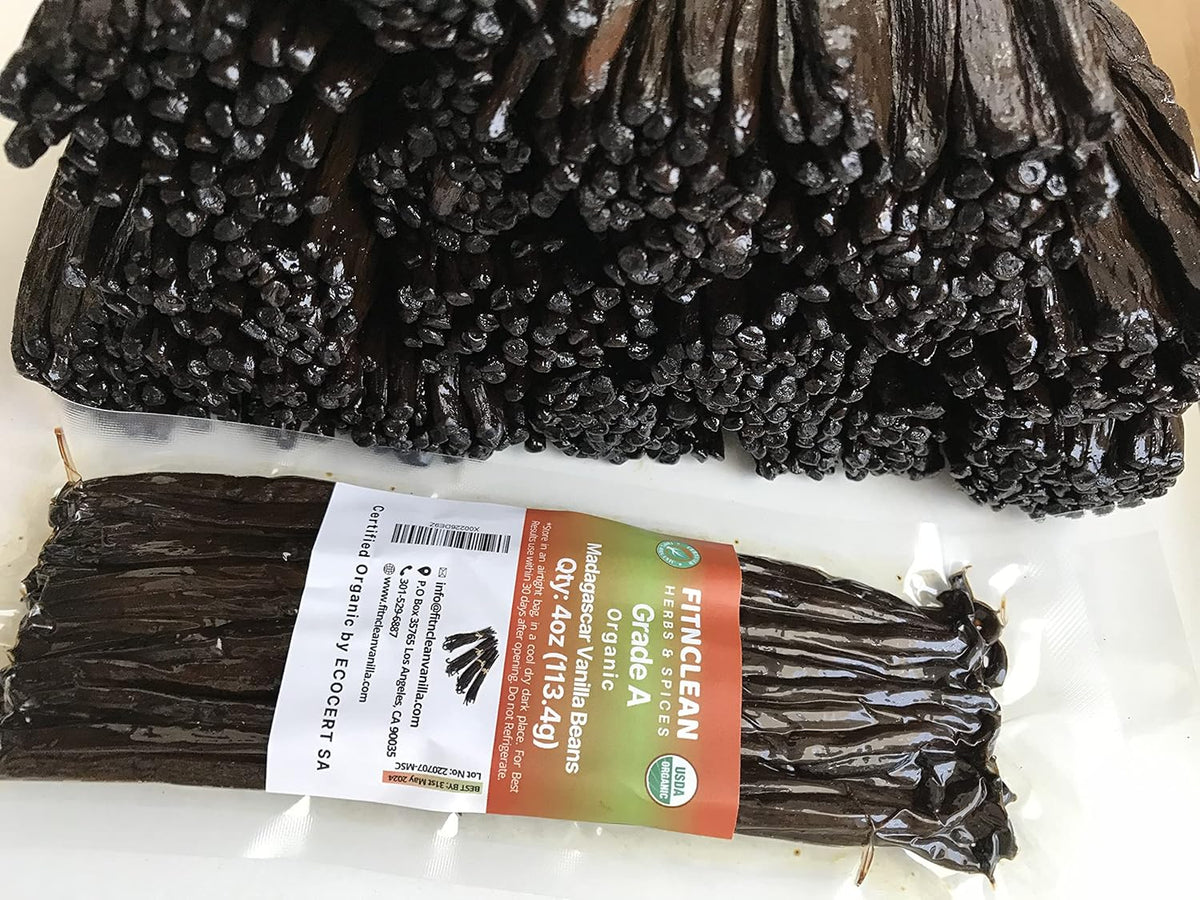 4oz Organic Madagascar Vanilla Beans Grade A. Certified USDA Organic. 6"-8" by FITNCLEAN VANILLA. Bulk for Extract, Cooking and Baking by the Weight 0.25 Pound (1/4Lb) Bourbon Fresh NON-GMO Pods.