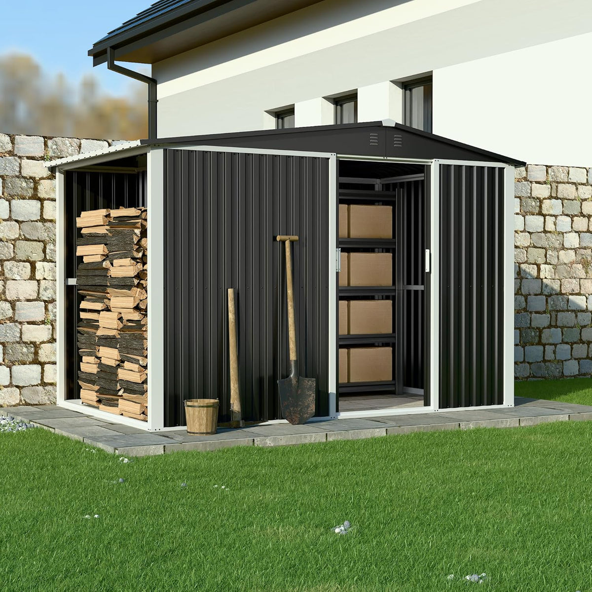 Metal Outdoor Storage Shed 10FT x 6FT with Firewood Storage, Steel Utility Tool Shed Storage House with Sliding Door, Metal Sheds Outdoor Storage for Backyard Garden Patio Lawn, Black