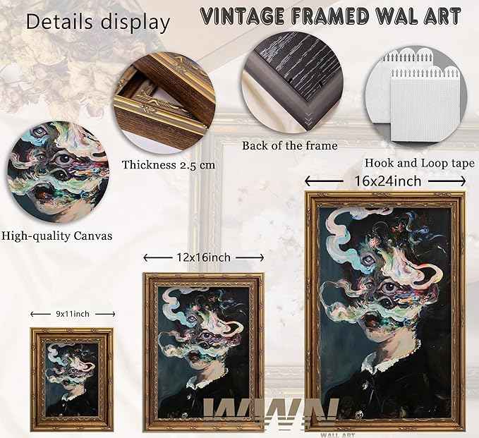 Vintage Gold Framed Gothic Wall Art Maximalist Witchy Feminine Eyes Painting Canvas Prints Dark Academia Poster Surreal Trippy Picture Artwork for Bedroom Living Room Witchcraft Home Decor