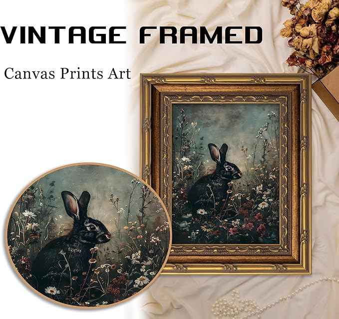 Vintage Gold Framed Bunny Wall Art Dark Moody Botanical Cottagecore Rabbit Painting Canvas Prints Dark Academia Floral Poster Gothic Black Animal Picture Artwork for Bedroom Living Room Decoation