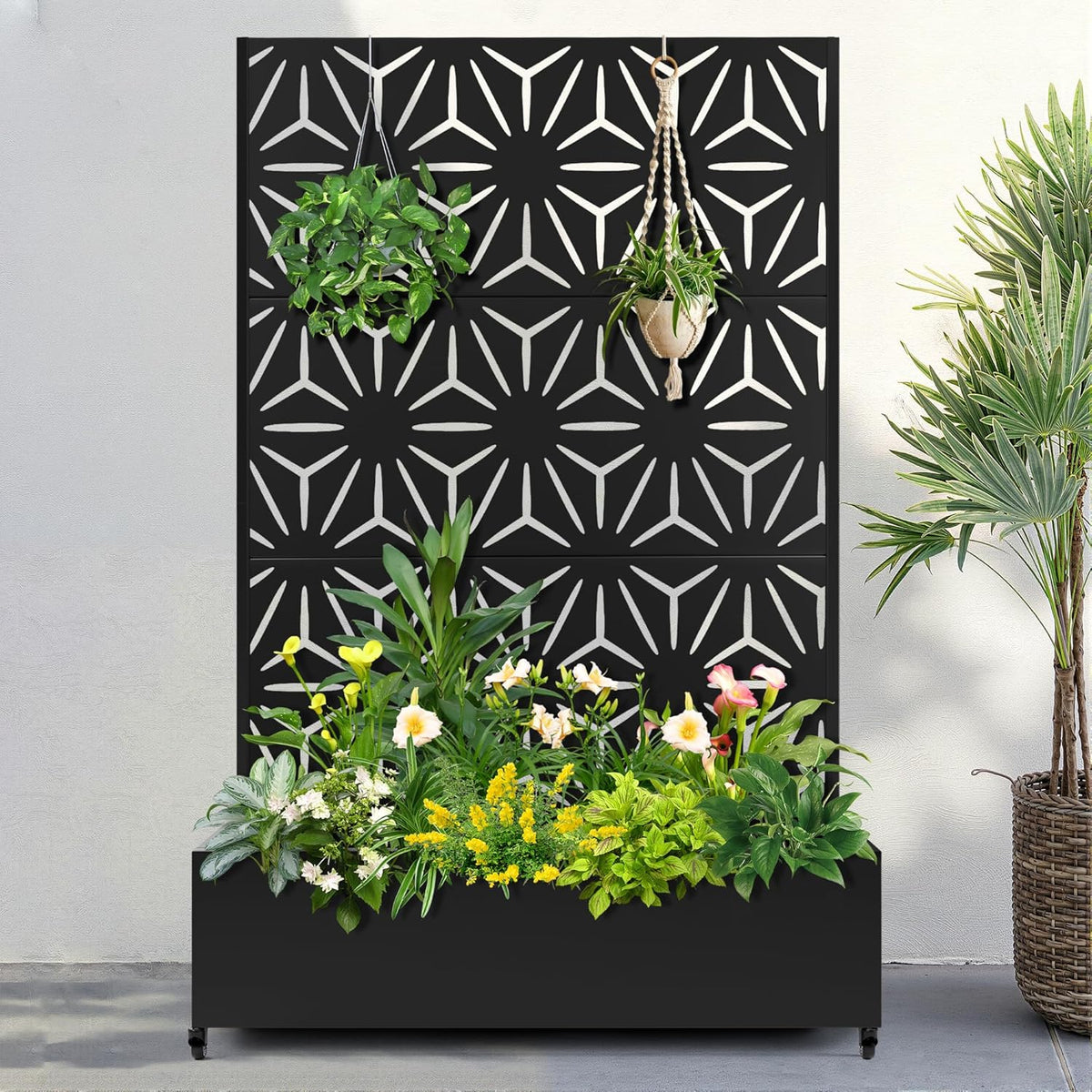 FENCY Metal Raised Garden Bed with Wheels and Trellis,73"x47"x16" Planter Box for Climbing Plants, Vegetables & Vines, Features Privacy Screen and Drainage Holes (Black-Star)