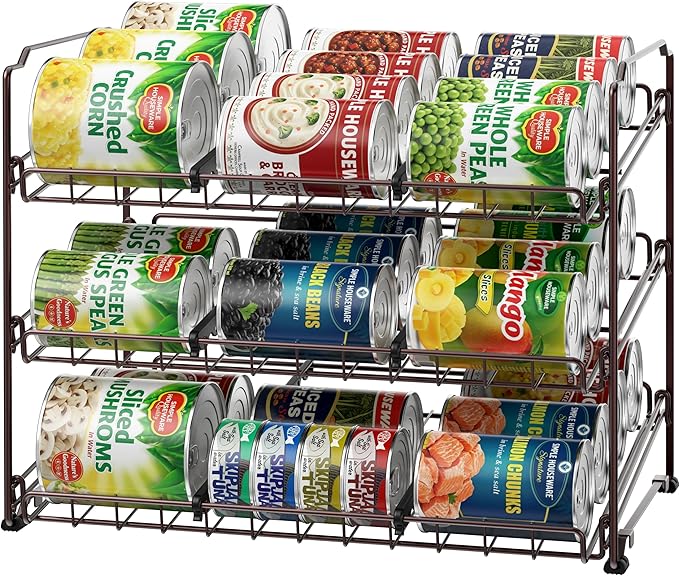 Simple Houseware Stackable Can Organizer Rack for Pantry/Cabinet – 11.5" D x 17" W x 13.75" H, Holds 36 Cans, 3-Tier Can Food Storage Dispenser, Bronze