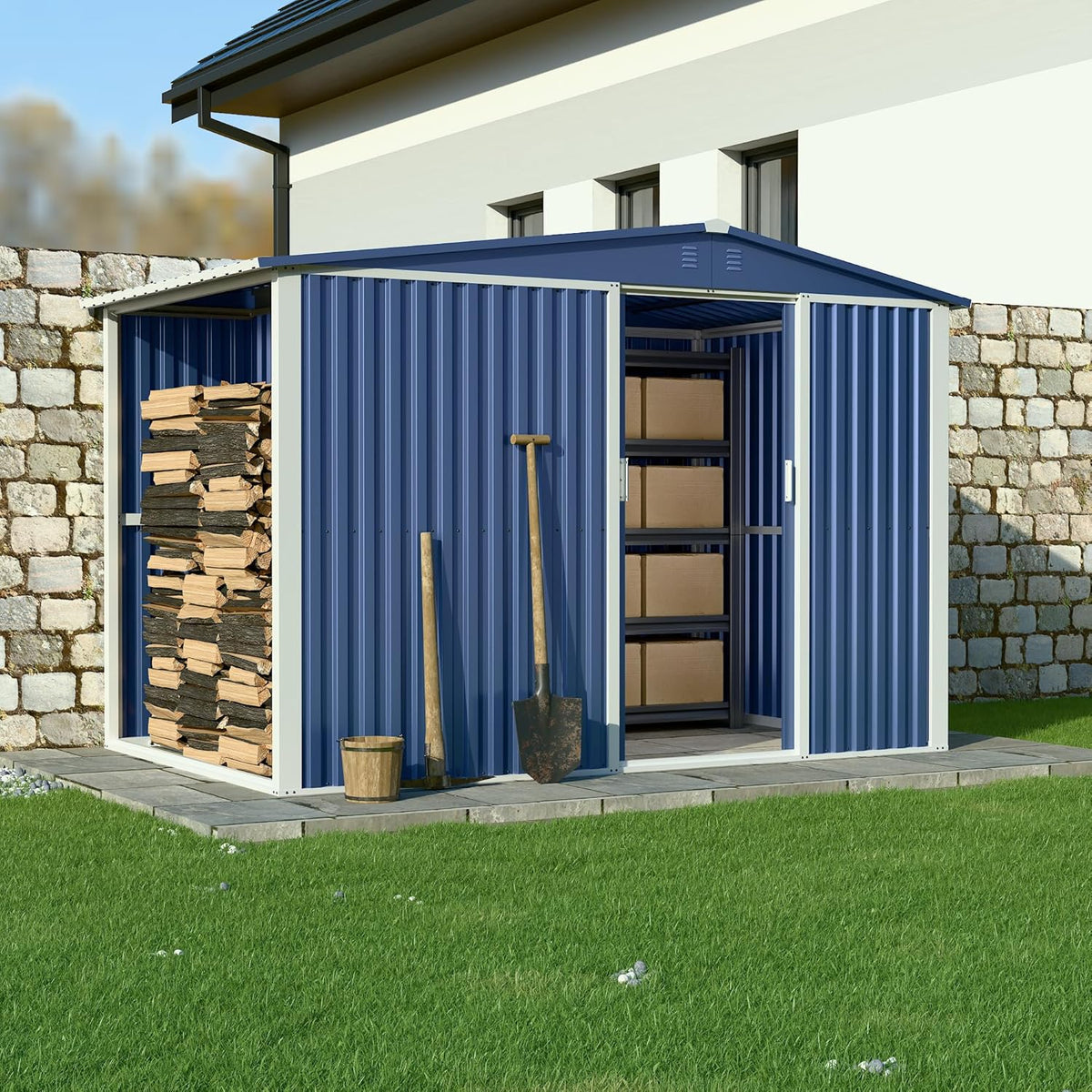 Metal Outdoor Storage Shed 10FT x 6FT with Firewood Storage, Steel Utility Tool Shed Storage House with Sliding Door, Metal Sheds Outdoor Storage for Backyard Garden Patio Lawn, Blue