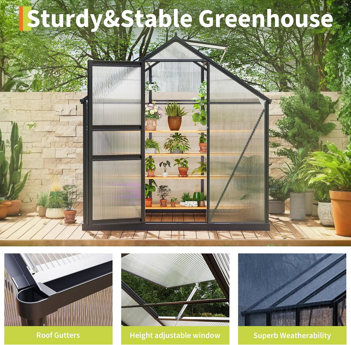 6*6 FT Outdoor Walk-in Greenhouse, Polycarbonate Green House, Heavy Duty Greenhouse with Vented Roof Window, Windproof Aluminum Frame, Suitable for Outside Gardening, Backyard, Patio