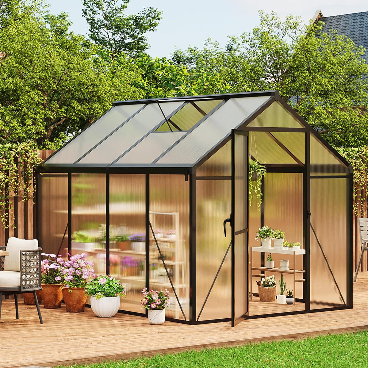 6x8 FT Greenhouse, Easy Assembly Aluminum Polycarbonate Greenhouses for Outdoors with Roof Vent and Ground Nails, Heavy Duty Aluminum Walk-in Greenhouse for Backyard, Sliding Lockable Door, Black