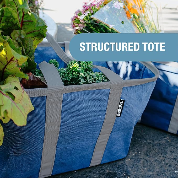 CleverMade EcoBasket Reusable Grocery Tote - 30L - Pack of 3 - Blue Grey - Collapsible Storage Shopping Organizer - Heavy Duty Utility Bag Home