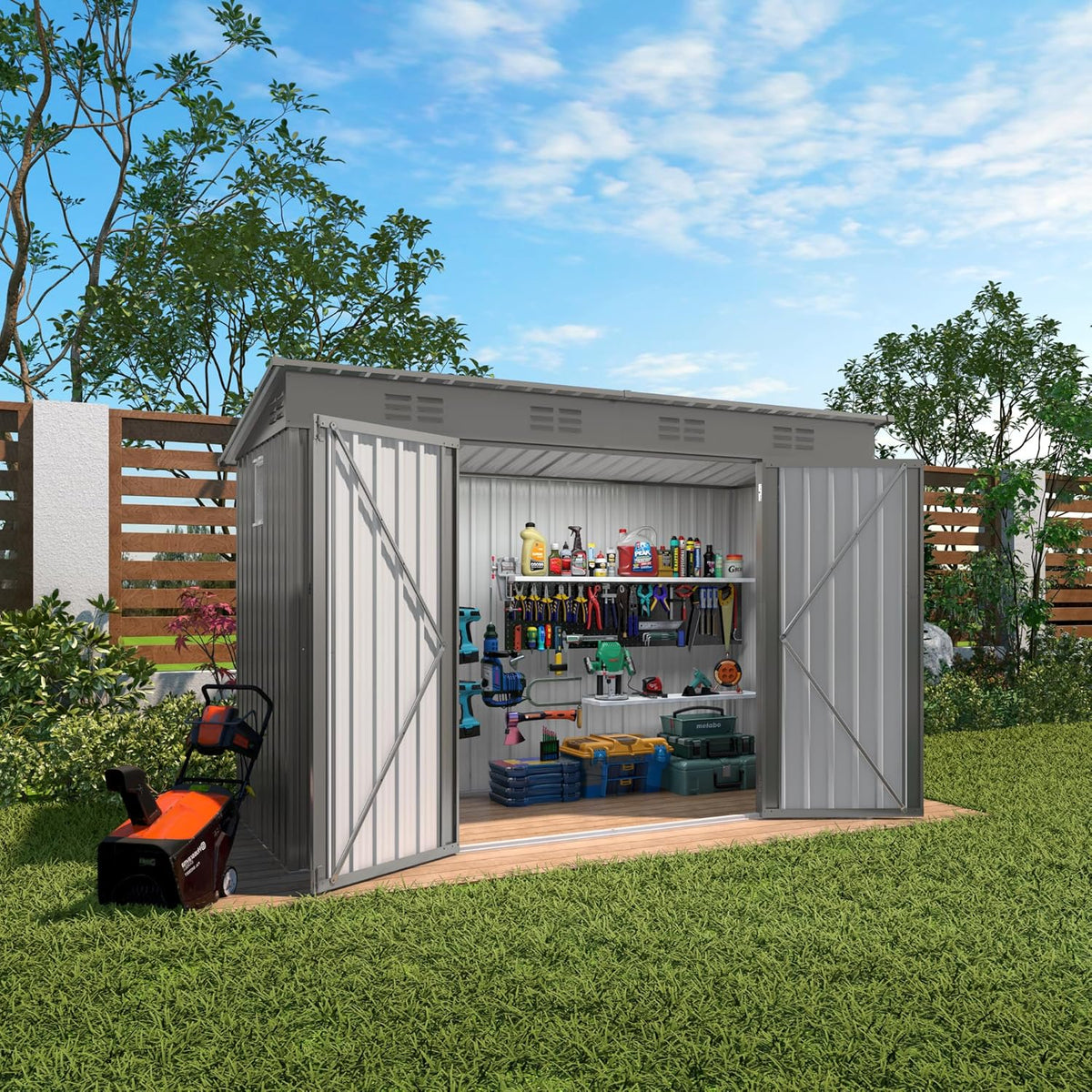 4 * 9.2 * 6 FT Outdoor Storage Shed, Galvanized Steel Garden Shed with Lockable Door & Window, Waterproof Metal Tool Storage for Garden, Backyard, Patio, Lawn(Gray)