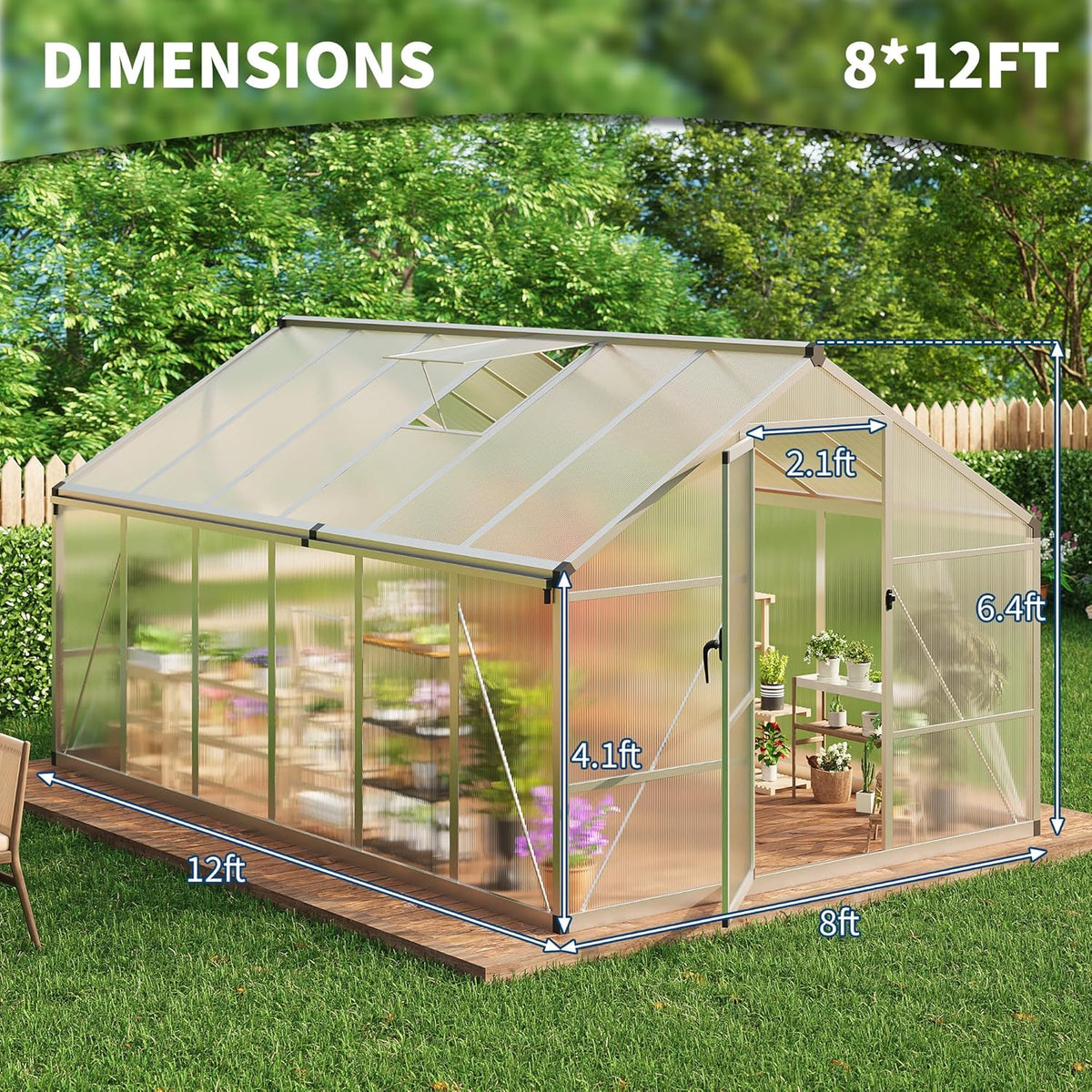 8×12 FT Greenhouse, Large Walk in Greenhouses for Outdoors and Garden Planting, Polycarbonate Greenhouse with Enhanced Aluminum Frame, Green Houses with Quick Setup Structure and Roof Vent, Silver