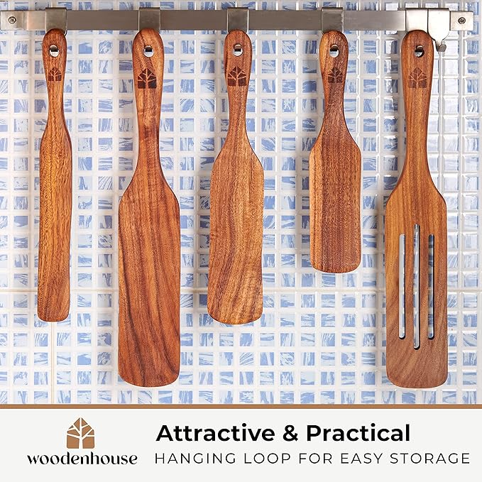 Spurtle Set, Teak Spurtle Spatula Set of 5 - Spurtles Kitchen Tools Wooden – Non Stick Cookware for Serving, Stirring, Mixing, Scraping, Scooping By Woodenhouse