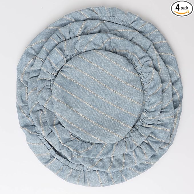 100% Linen Stripe Bowl Covers Reusable For Bread Proofing, 4 Pcs Elastic Cloth Fabric Bowl Covers, 5.9 * 7.9 * 9.8 * 11.8 Inches, Blue