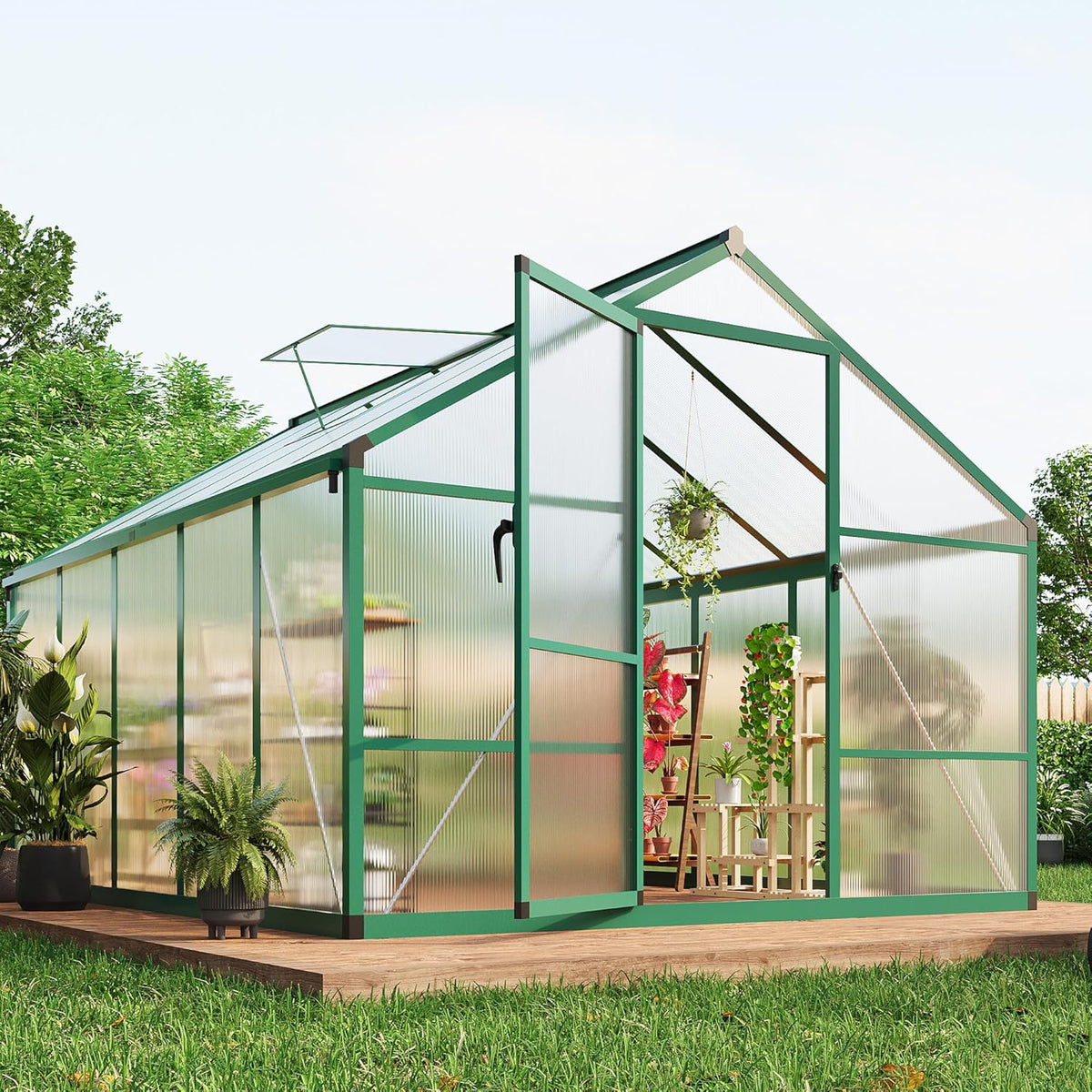 8×10 FT Greenhouse, Large Walk in Greenhouses for Outdoors and Garden Planting, Polycarbonate Greenhouse with Enhanced Aluminum Frame, Green Houses with Quick Setup Structure and Roof Vent, Green