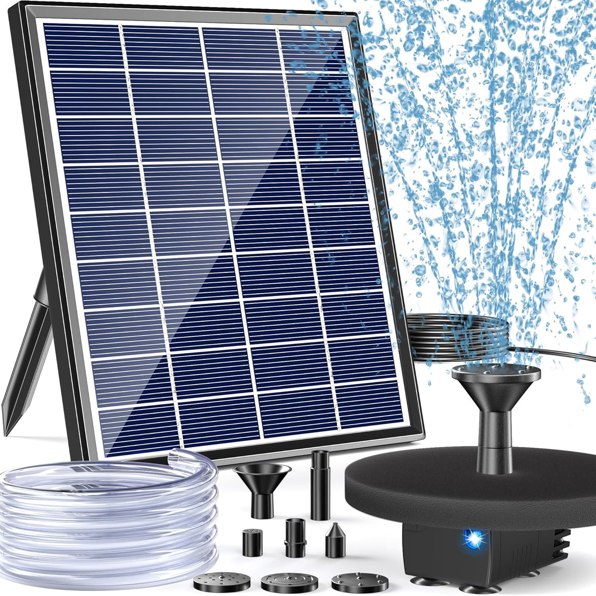 POPOSOAP Modern Black Solar Bird Bath Fountain Pump, 6W, 60GPH, 5 Nozzles, 9.84ft Cable, 4ft Tubing
