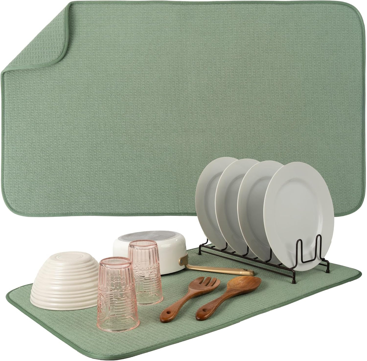 S&T INC. Dish Drying Mat Jumbo, 18” x 30”, Absorbent Microfiber Kitchen Counter Mat, Dish Drying Pad for Dishes, Utensils, Pots and Pans, Jumbo, Sage Green