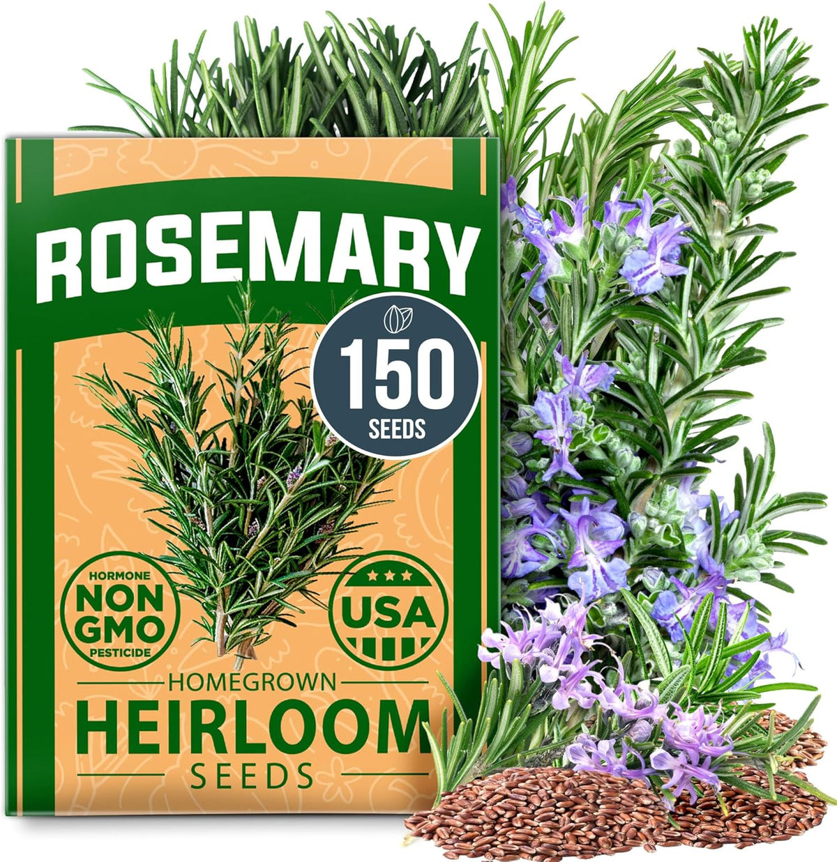 HOME GROWN 𝗨𝗦𝗔 𝗣𝗥𝗘𝗠𝗜𝗨𝗠 Rosemary Seeds Pack - 150 High Germinating 𝗡𝗢𝗡-𝗚𝗠𝗢 Heirloom Herb Seeds for Planting in Indoor or Outdoor Herb Gardens (Salvia rosmarinus)