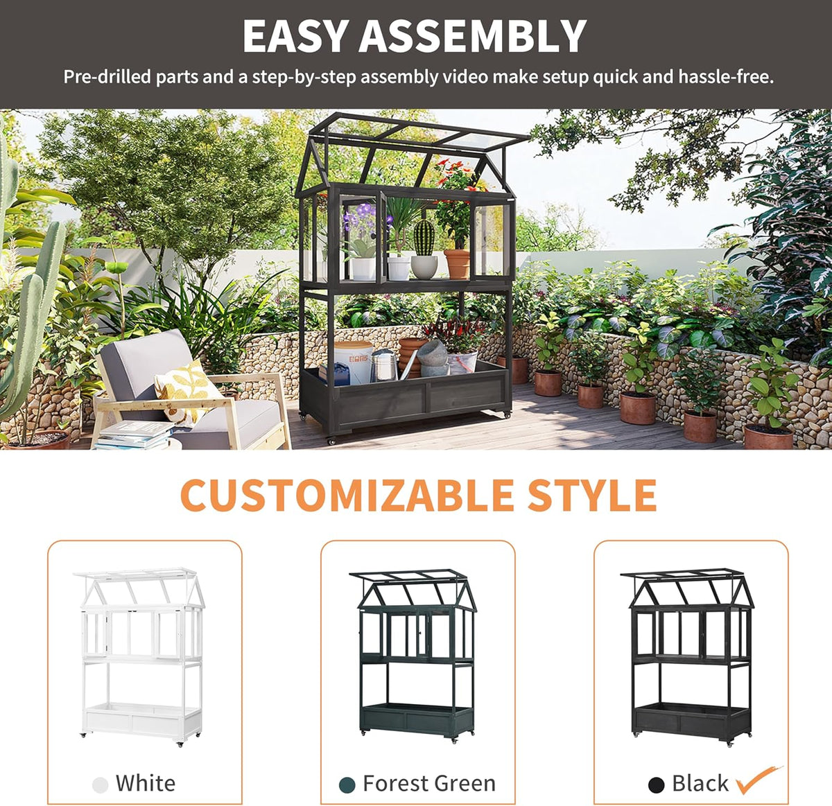 Portable Cold Frame Greenhouse with Wheels , Wooden Mini Greenhouse Cabinet for Gardens & Balconies , Openable Roof Design & Built-in Storage Box ,Easy-to-Move & Durable (Black)