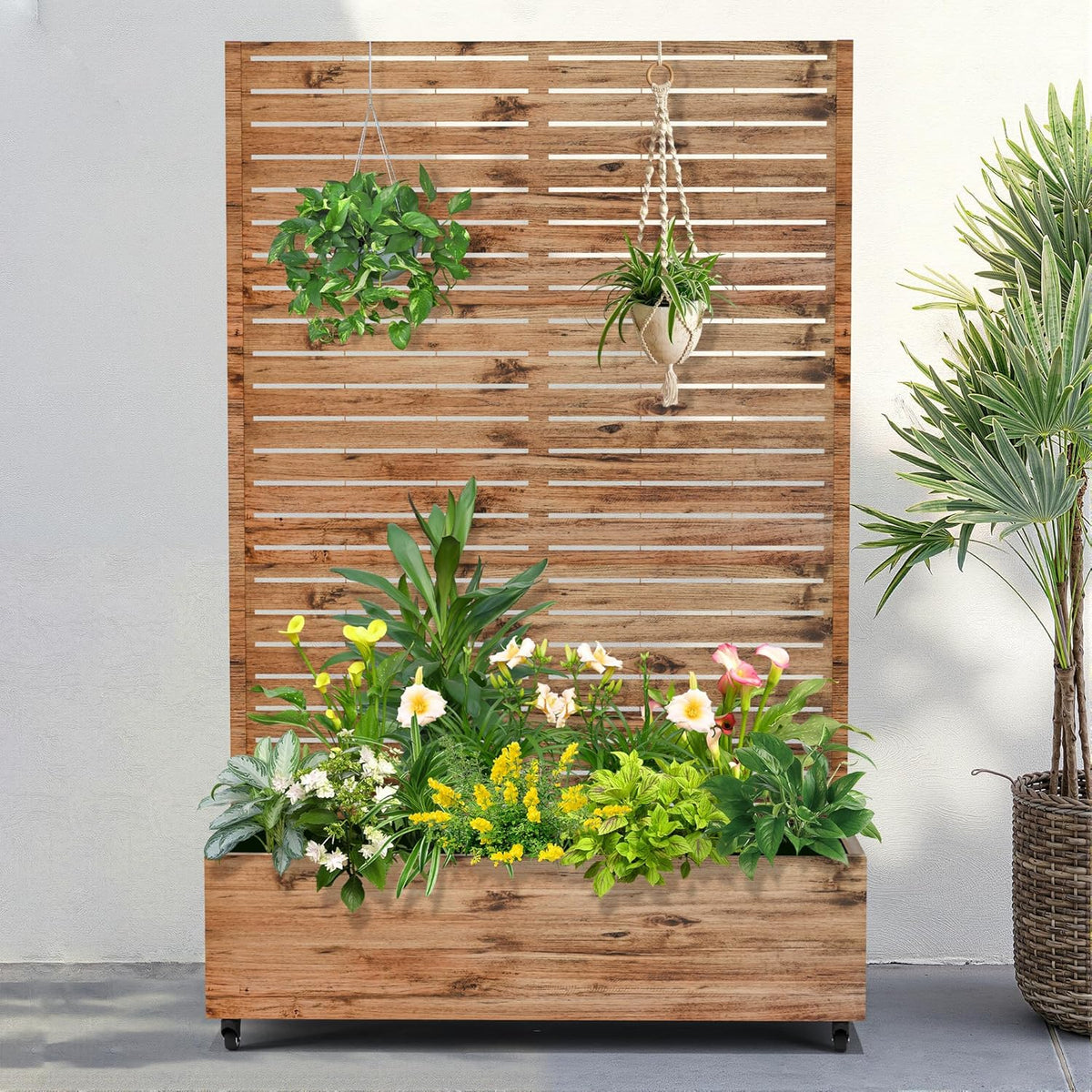 FENCY Metal Raised Garden Bed with Wheels and Trellis,73"x47"x16" Planter Box for Climbing Plants, Vegetables & Vines, Features Privacy Screen and Drainage Holes (Wood Color)