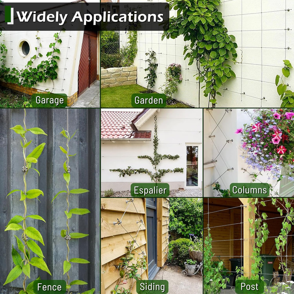 Wire Trellis for Climbing Plants Outdoor, 12-Set Wall Wire Trellis Kit with 1/8in x 53ft Stainless Steel Cable, T316 Espalier System for Fence and Garden DIY Projects