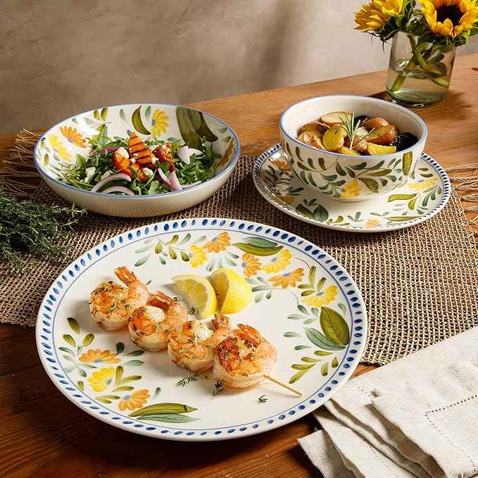 Bloomhouse - Two Time Oprah's Favorite Things Winner - Posy Blossom Double Bowl Hand Painted Stoneware Plates and Bowls Floral Dinnerware Set, Service for Four (16pcs)