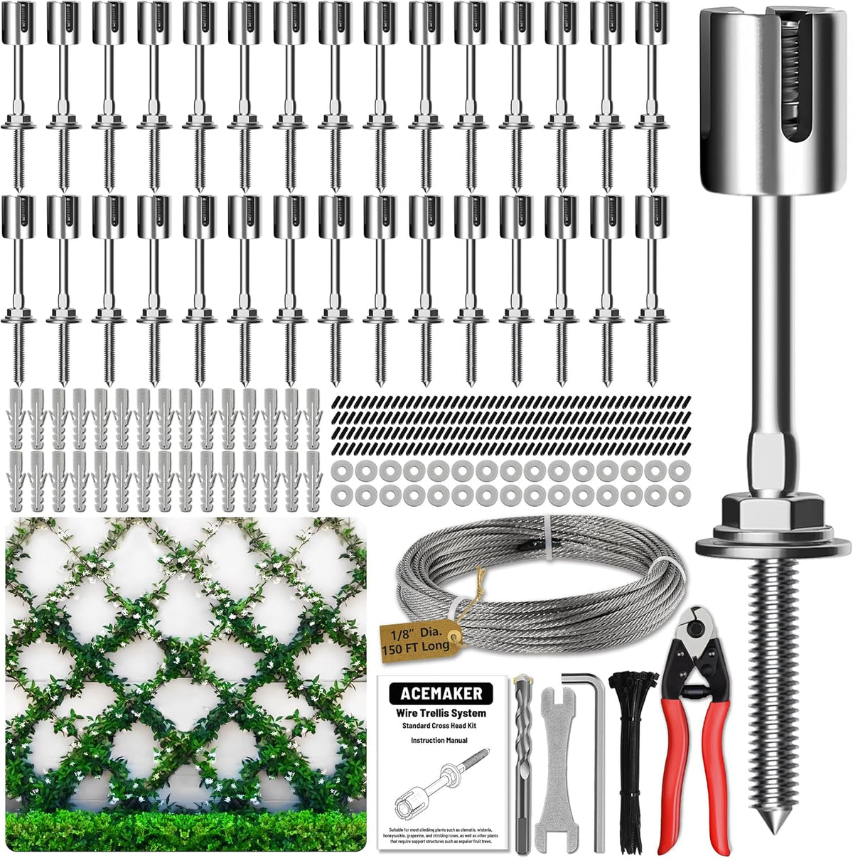 Wire Trellis for Climbing Plants Outdoor, 30-Set Wall Wire Trellis Kit with 1/8in x 150ft Stainless Steel Cable & Cutter, T316 Espalier System for Fence and Garden DIY Projects