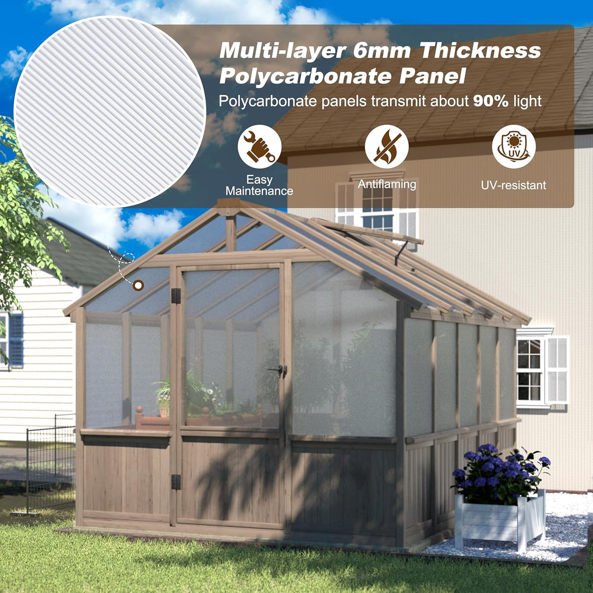 BlueWish 8x10 FT Greenhouse Kit, Wood Greenhouses with 6MM Polycarbonate Panel, Green House with Adjustable Vent & Lockable Door, Walk-in Greenhouse for Outside, Garden, Backyard