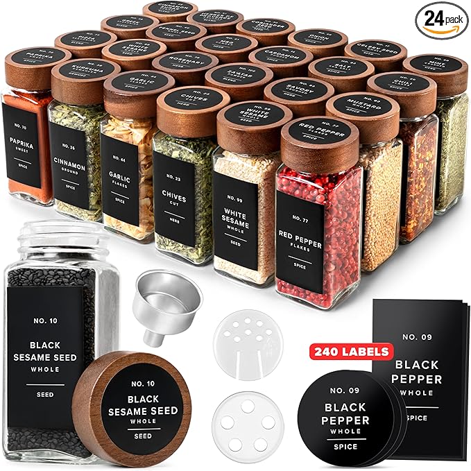 EDELHAUS® Square Spice Jars with Acacia Wooden Lid (Pack of 24) Spice Jars with Shaker Insert and 240 Labels - Acacia Lids Glass Container for Spice Organisation [4.3 in × 1.8 in]