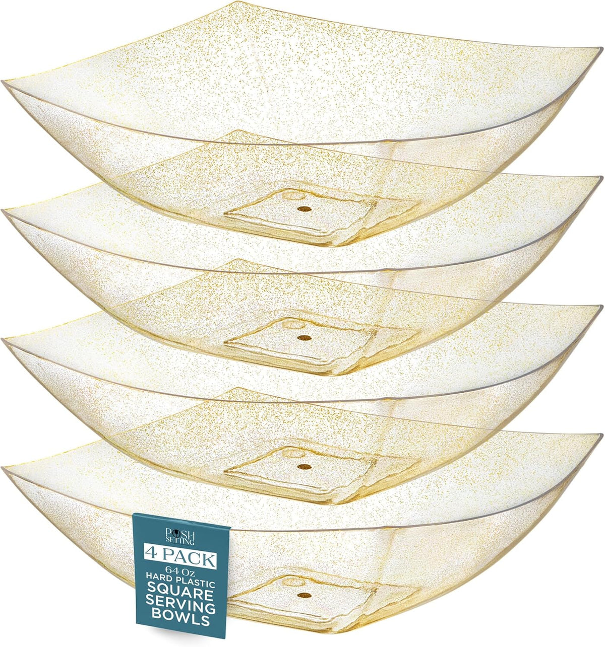 Posh Setting - Gold Glitter Plastic Serving Bowls for Party (64oz - 4 Pack) Square Bowls, Disposable Chip Bowls, Candy Bowls for Party Table, Salad Bowls for Party, Candy Containers for Candy Buffet