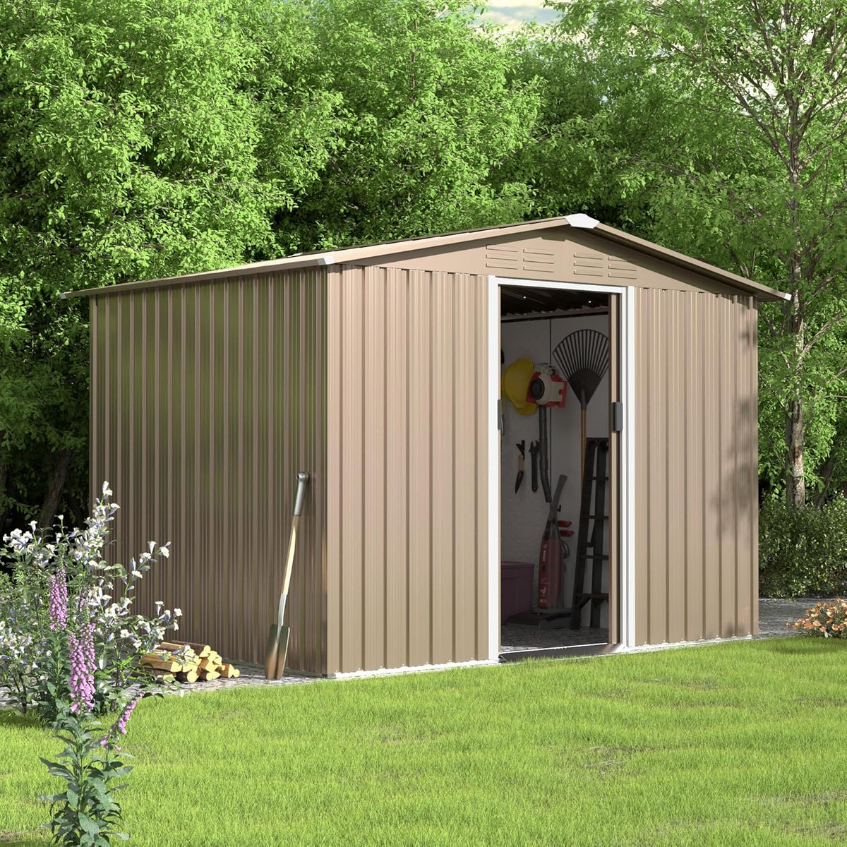 8FT x 6FT Metal Outdoor Storage Shed,Utility and Tool Shed Storage House w/Lockable Sliding Doors & Air Vent,Garden Shed for Backyard,Garden,Patio,Lawn