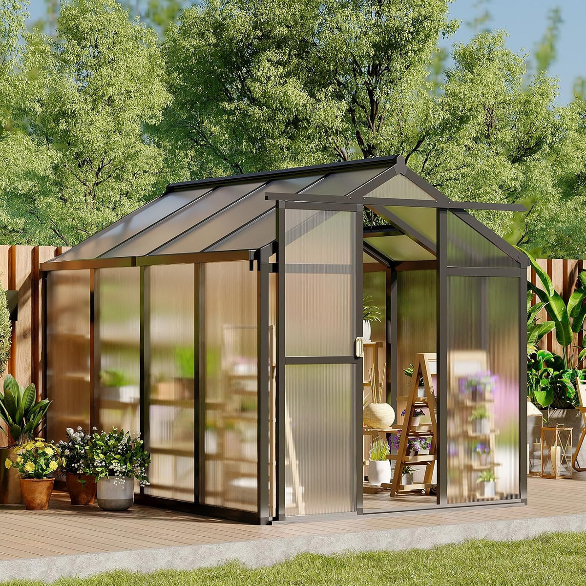 6 x 8 FT Greenhouse, Greenhouses for Outside, Polycarbonate Greenhouse with Aluminum Frame, Lockable Door and Ajustable Roof Vent for Backyard, Green Houses for Outside Garden Backyard, Patio