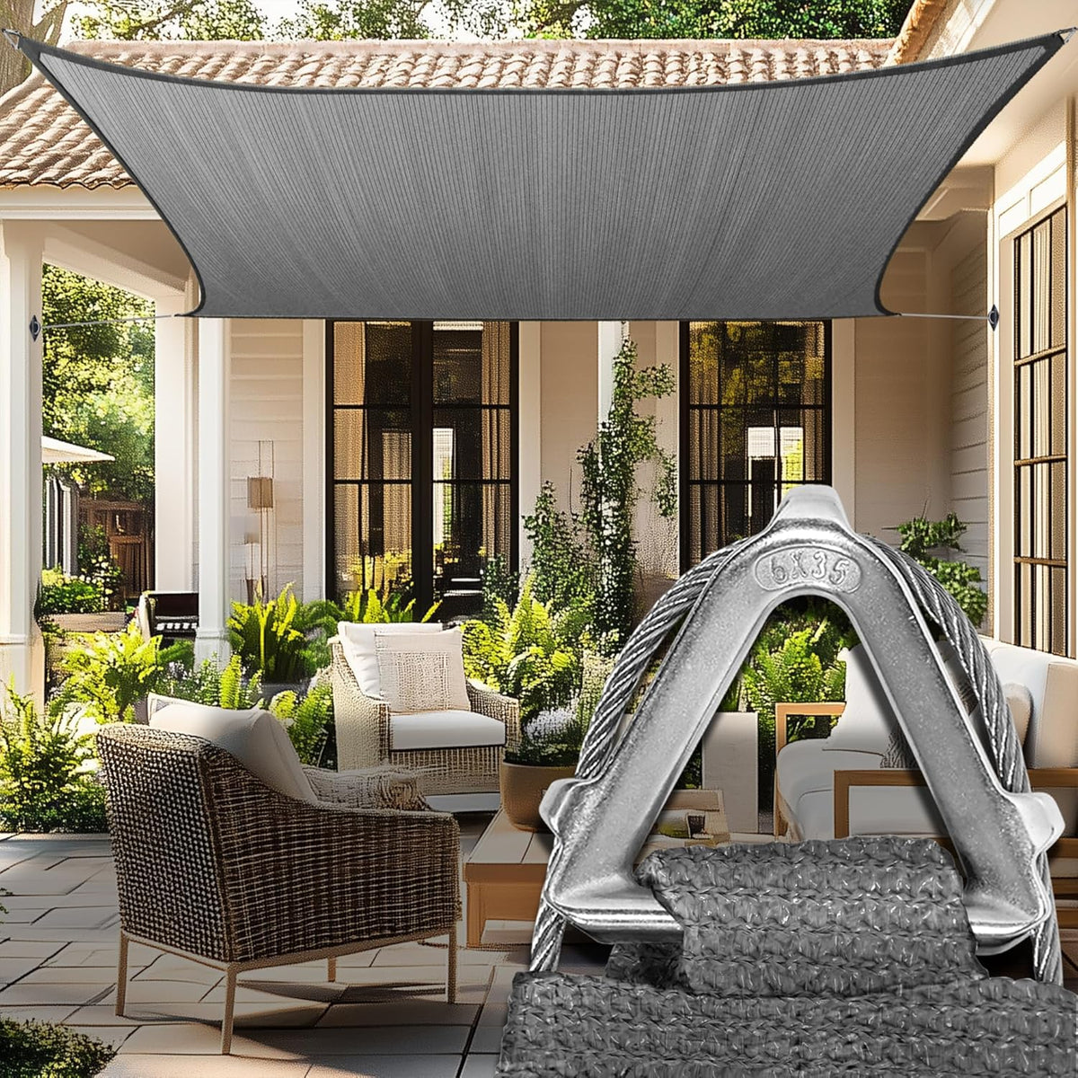 Royal Shade Heavy Duty 16' x 16' Grey Square Pro Ring Shade Sail, 260 GSM Commercial Grade UPF50 Sunshade, Reinforced Corners & Edges -5Years Warranty (We Make Custom Size)
