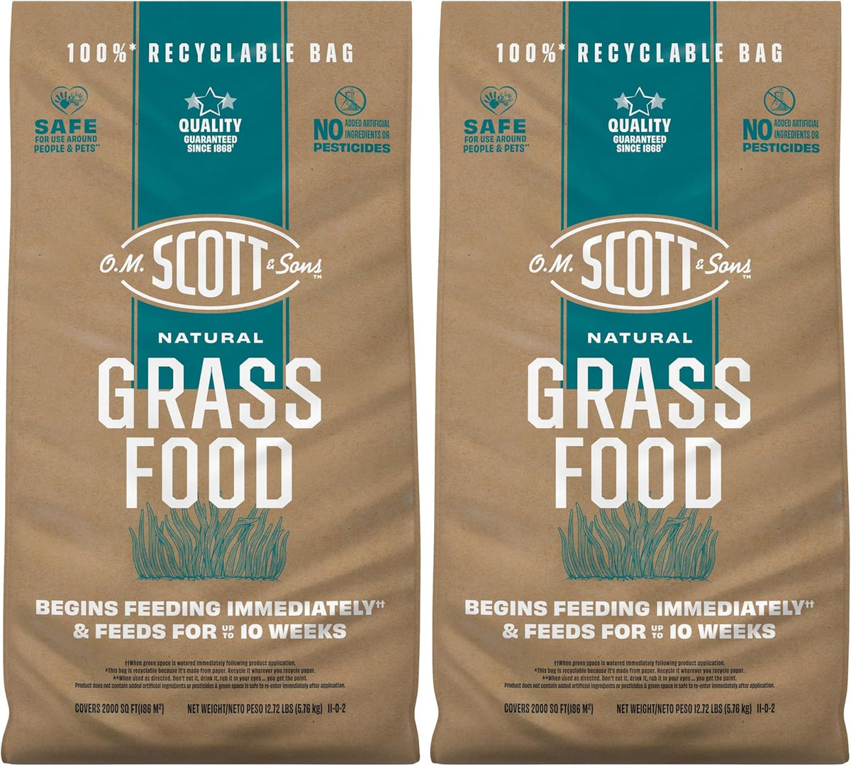 O.M. Scott and Sons Natural Grass Food, Food for Lawns, Fertilizes for up to 10 Weeks, Covers up to 2,000 sq. ft., 12.72 lbs., 2-Pack