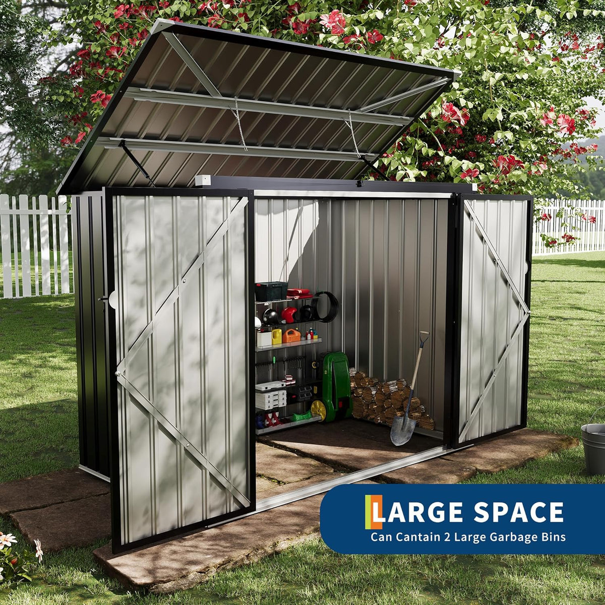 2 Trash Cans Metal Outdoor Storage, 3x6 FT Garbage Bin Storage Shed with Chain Lid, Garbage Can Metal Sheds for Garden, Backyard, Lawn and Patio