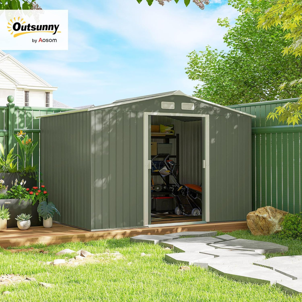 Outsunny 9' x 6' Outdoor Storage Shed, Garden Tool Metal Shed with Foundation Kit, Double Lockable Door, Air Vents and Sloping Roof, for Backyard, Patio, Lawn, Green
